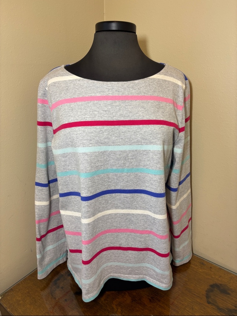 Talbots Light Gray Striped Boatneck Long-Sleeve Top, XL, 100% cotton